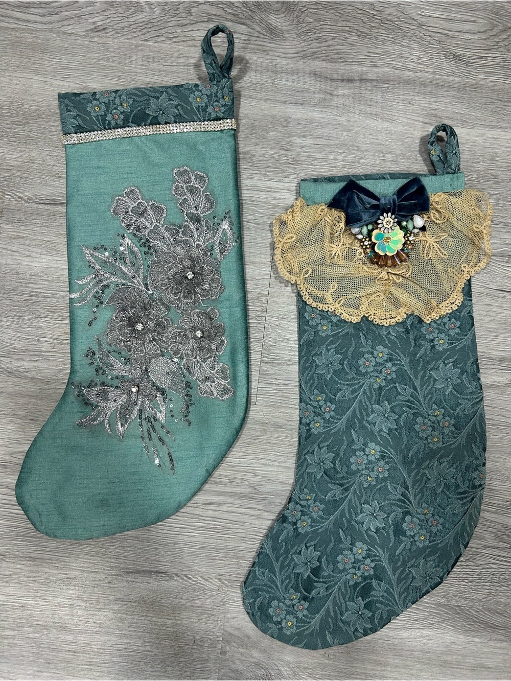 Set of Elegant Holiday Stocking with Lace and Embellishments Victorian vintage